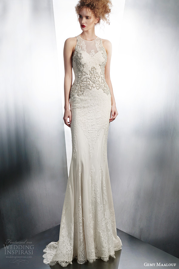 gemy maalouf winter 2015 bridal sleeveless lace sheath wedding dress embroidery style 4125