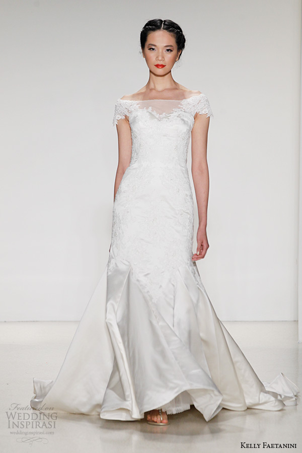kelly faetanini wedding dress fall 2015 bridal silk satin fit to flare off the shoulder sheer neckline cap sleeves gown dasha