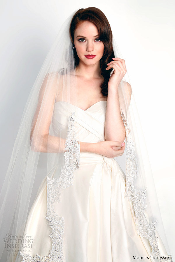 modern trousseau bridal fall 2015 catalina veil shown with mina strapless wedding dress