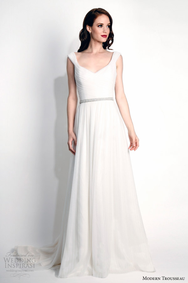 modern trousseau bridal fall 2015 gwen tulle v neck wedding dress draped bodice