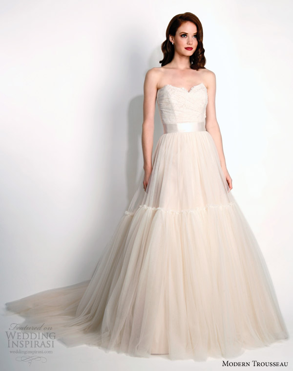 modern trousseau bridal fall 2015 layla strapless blush wedding dress train