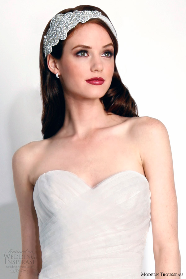 modern trousseau fall 2015 bridal ada strapless wedding dress close up bodice bliss headband
