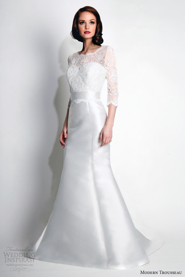 modern trousseau fall 2015 bridal spencer strapless wedding dress princess seams three quarter lace jacket