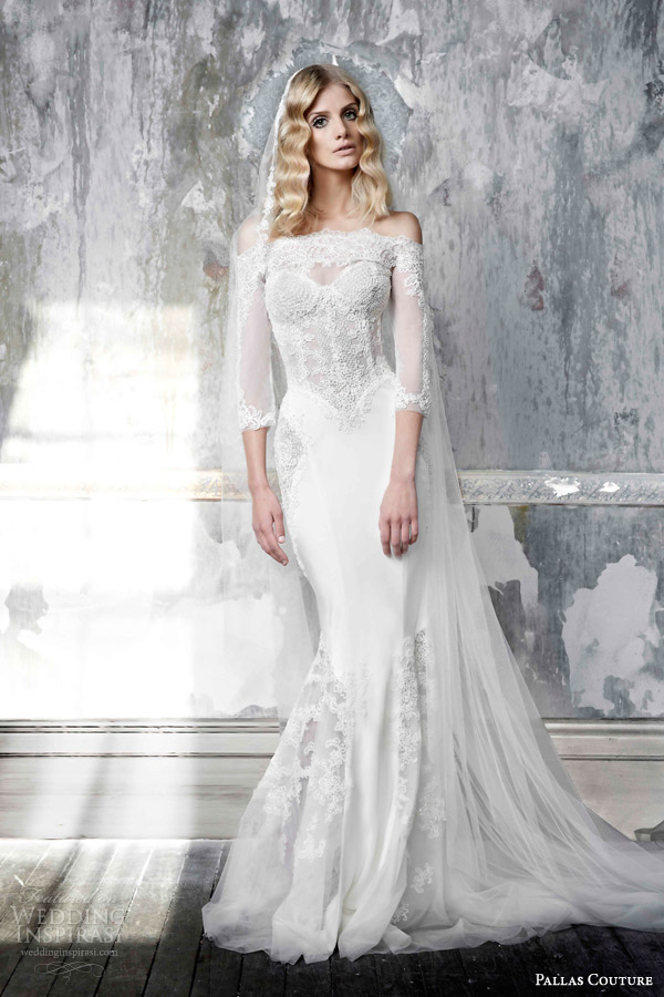 pallas couture 2015 arlette off shoulder sheath wedding dress three quarter sleeves