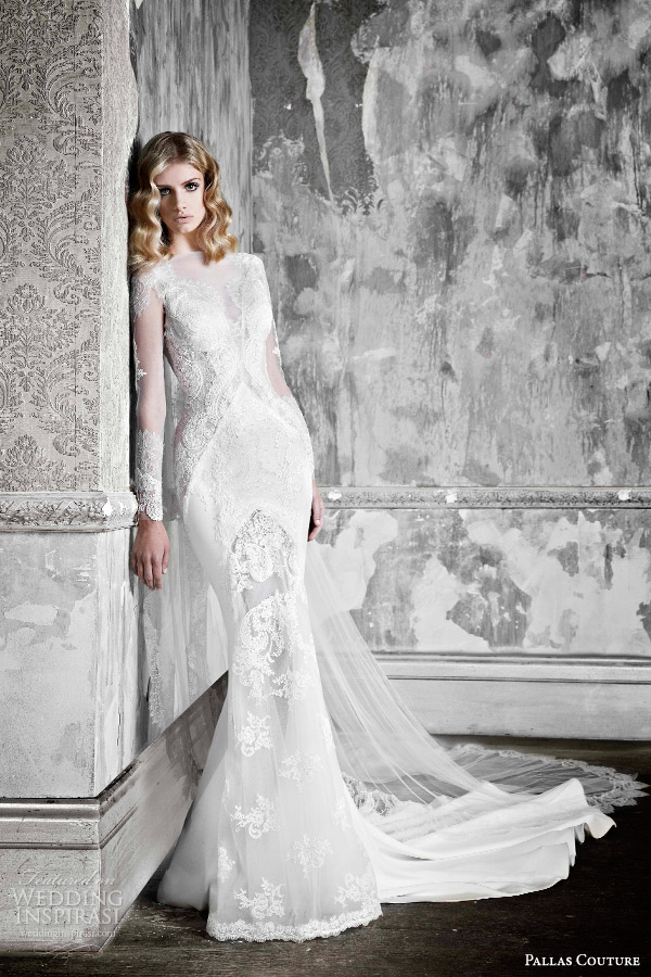 pallas couture 2015 la promesse bridal collection halette long sleeve french lace contoured sheath wedding dress