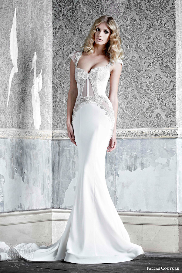 pallas couture bridal 2015 angele silk crepe cap sleeve wedding dress with hand applique lace detail transparent bodice