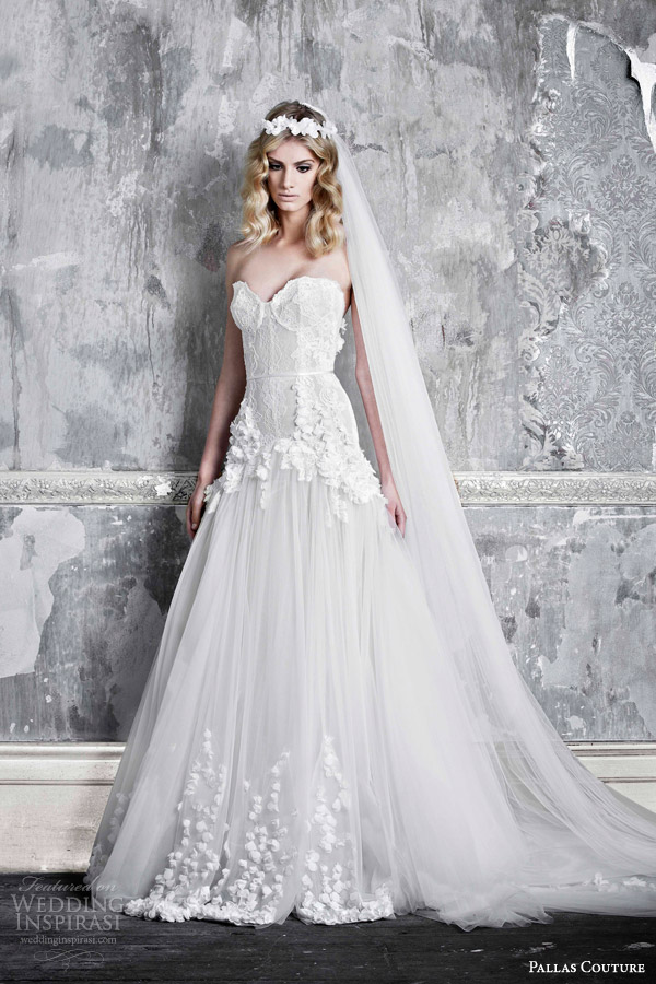 pallas couture bridal 2015 la promesse clarette strapless wedding dress lace applique petal detail