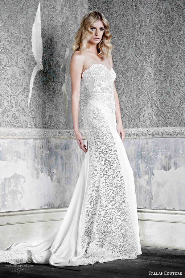 pallas couture wedding dresses 2015 emmie silk crepe strapless gown hand applique side panels with lace details