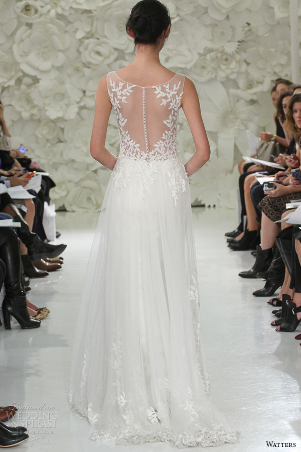 watter brides spring 2015 bridal sleeveless sheer plunging neckline beaded leaf embroidery sheath wedding gown lalai 7083b back
