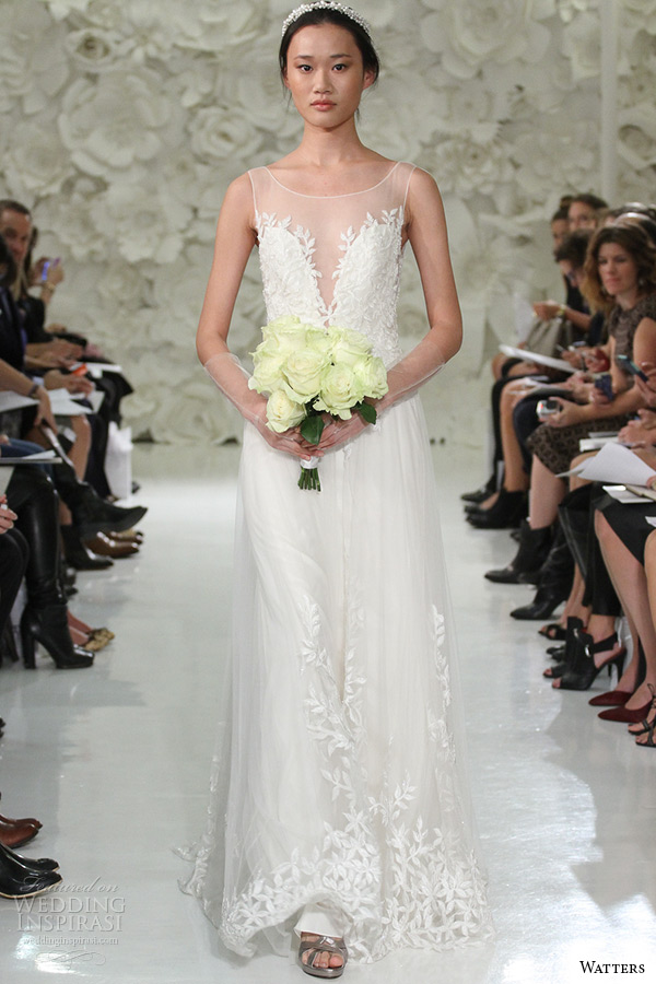 watter brides spring 2015 bridal sleeveless sheer plunging neckline beaded leaf embroidery sheath wedding gown lalai 7083b