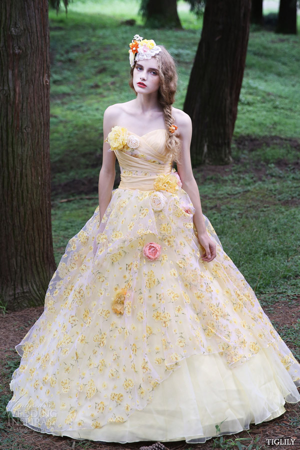 bridal gowns in pale yellow