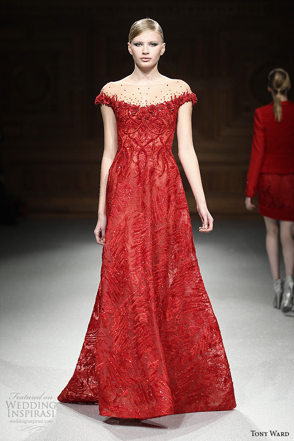 ... ward couture spring summer 2015 runway off shoulder a line red dress