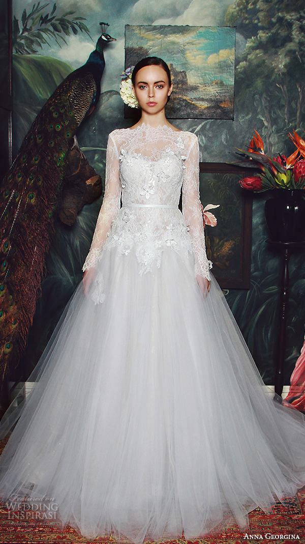 anna georgina 2015 bridal lace long sleeves bateau neckline floral embroidery lace bodice tulle skirt ball gown wedding dress jade