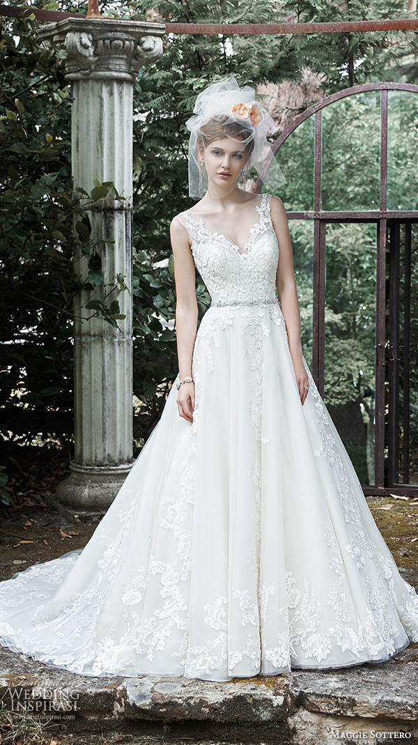 maggie sottero fall 2015 wedding dresses beautiful a line ball gown lace strap v neckline embroidered bodice sybil
