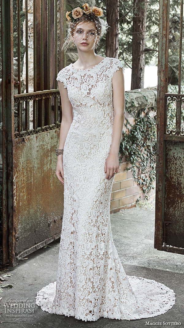 maggie sottero fall 2015 wedding dresses gorgeous stunning sheath gown jewel neckline cap sleeves trudy