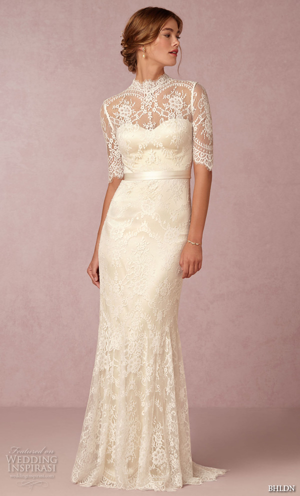 bhldn fall 2016 bridal dresses beautiful high neck lace short sleeves wedding dress with head pieces style bridgette