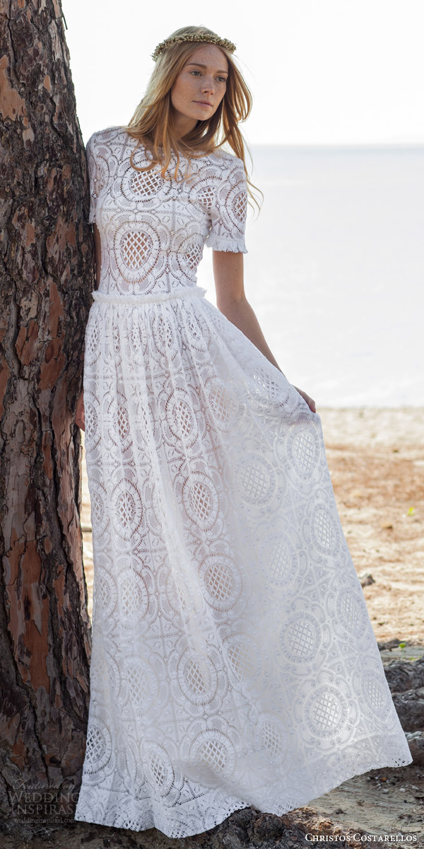 christos costarellos bridal spring 2016 romantic bohemian lace wedding dress short sleeves