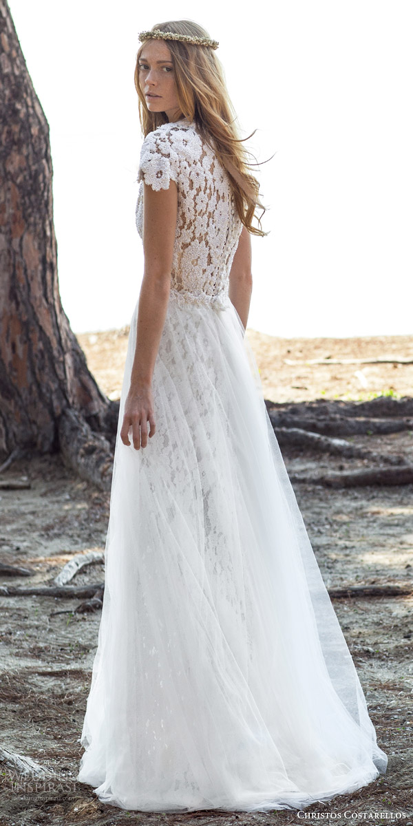 christos costarellos bridal spring 2016 sleeveless pearl lace wedding dress sheath sheer a line overskirt