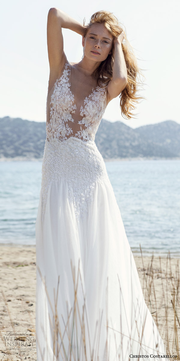 christos costarellos wedding dresses spring 2016 bridal collection sleeveless illusion bodice romantic bohemian gown