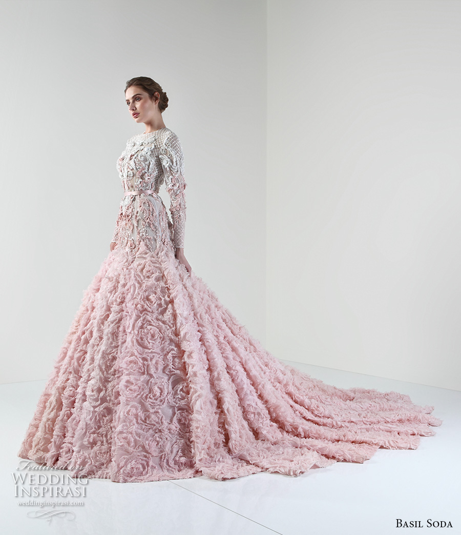 basil soda 2017 bridal long sleeves jewel neckline full embellishment pink princess a line wedding dress chapel train 1 mv