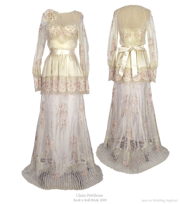 Dawn from Claire Pettibone Rock n Roll Bride 2009 collection - champagne embroidered blouse over sheer strapless gown for a hippie or bohemian chic wedding Dawn from Claire Pettibone Rock n Roll Bride 2009 collection - champagne embroidered blouse over sheer strapless gown for a hippie or bohemian chic wedding