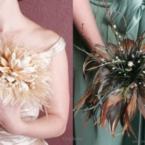 Champagne gold and emerald green and brown feather bouquet from Emplume