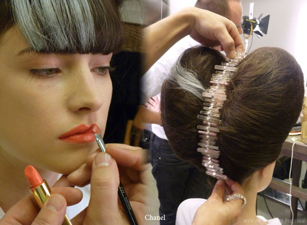 Closeup on the Chanel hair makeup for the Spring Summer 2010 haute couture collection - behind the scene making of press kit photo
