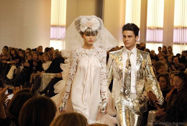Chanel S/S wedding dress in white lace and gold tuxedo at Paris Fashion Week 2010
