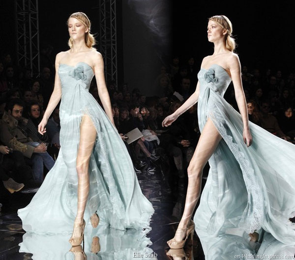 Light blue evening or bridal gown with high slit by Elie Saab Spring/Summer Haute Couture 2010 fashion show in Paris