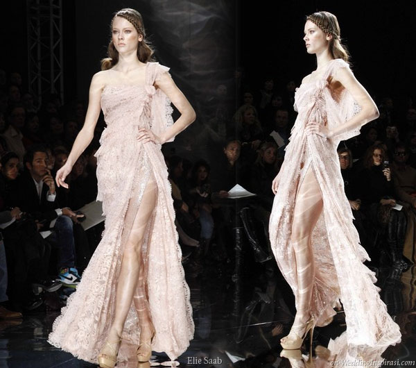 Pink one shoulder lace evening dress with high slit by Elie Saab at Spring/Summer Haute Couture 2010 fashion show in Paris