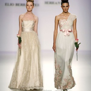 Elio Berhanyer - one-shoulder toga wedding dress in white and pink, champagne gold strapless gown