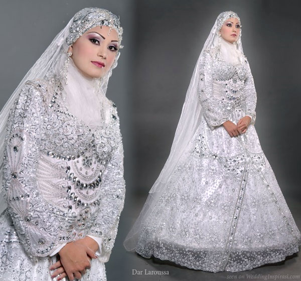 Islamic style veil, hijab, and a modest wedding dress with a western a-line silhouette from Dar Laroussa