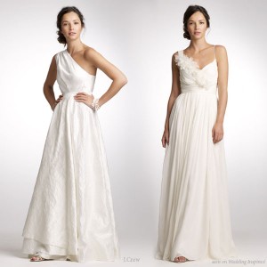 J.Crew Spring 2010 catalog white and color wedding dresses - one-shoulder toga column and a-line gowns