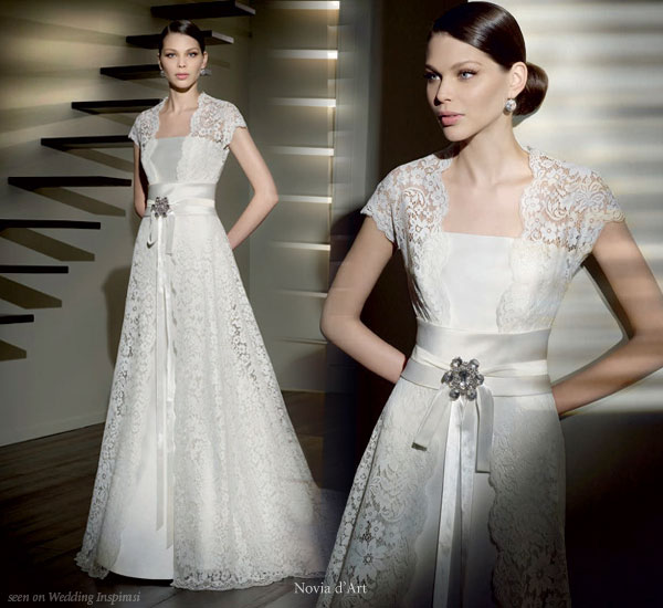 Cap sleeve lace over wedding gown from Novia d'Art