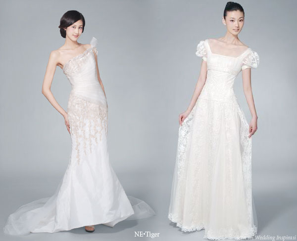 Ne.Tiger western wedding dresses in white - one shoulder and puffy sleeve lace
