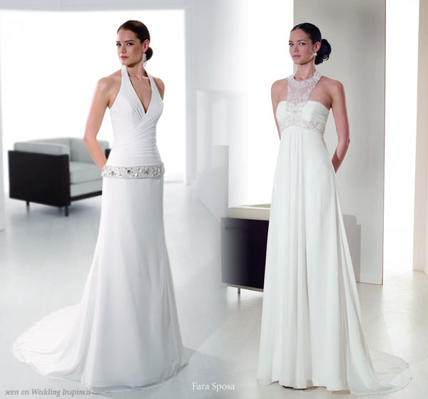White wedding dresses featuring a slim column silhoutte from Novia D'art