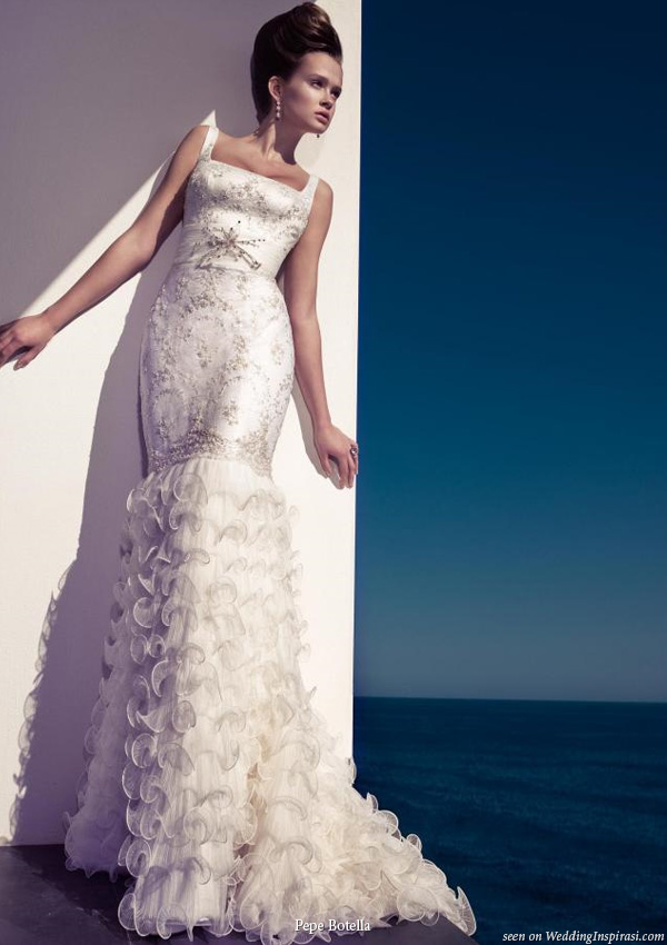 Fitted ruffle wedding dress by Pepe Botella Novias