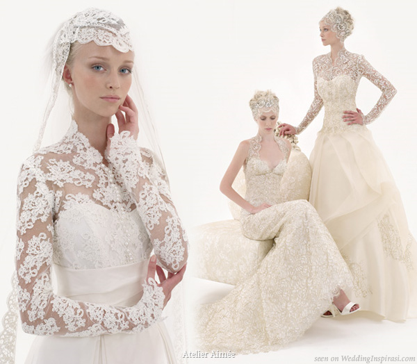 A Grace Kelly inspired lace wedding dress with lace veil head dress inspiration for modest brides or those wearing a hijab (islamic head scarf)