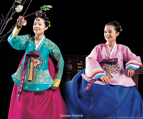 Colorful korean traditional costumes or wedding dresses called the hanbok