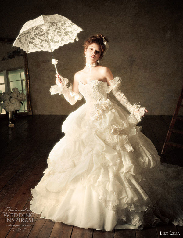 Romantic ball gown wedding dress and parasol featuring Japanese idol, singer and fashion model Fujii Lena