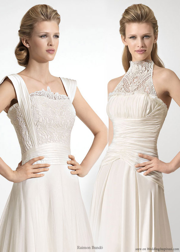 Lace bodice and neck detail on wedding dresses by Raimon Bundo