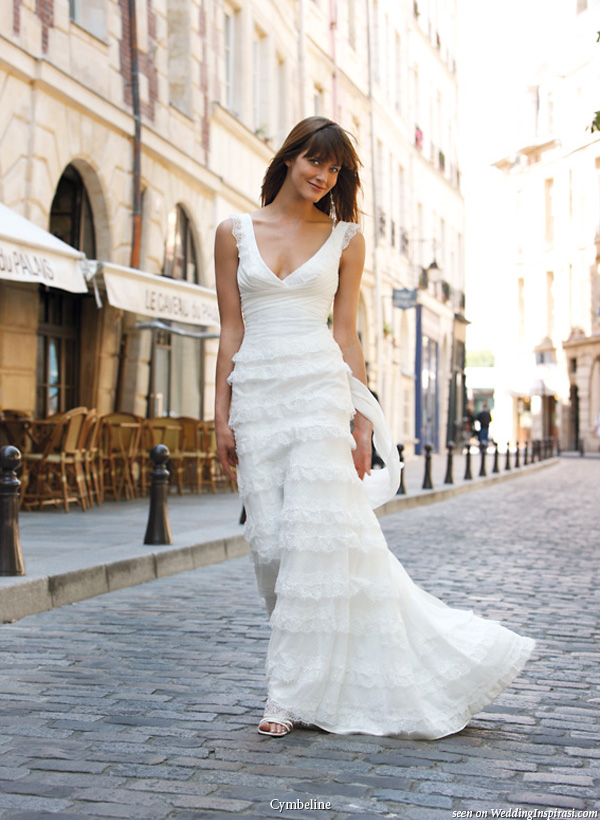Ruffle tier wedding dress with wide straps and v-neck line from Cymbeline Paris 2010 bridal collection