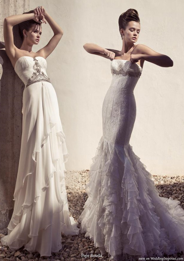 Two beautiful strapless wedding dresses from Pepe Botella Novias bridal collection