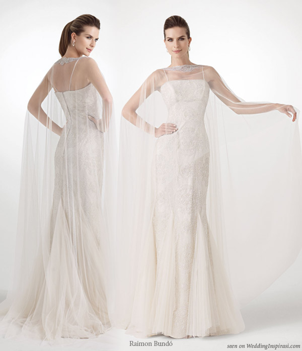Tisu wedding dress with cape kaftan overlay by Spanish bridal house designer Raimon Bundo Tisu wedding dress with cape kaftan overlay by Spanish bridal house designer Raimon Bundo