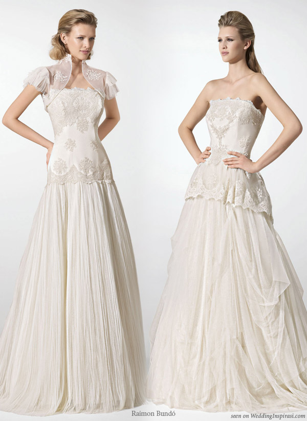 Strapless wedding dress and one with bolero cover up jacket from Barcelona based Spanish bridal house Raimon Bundo Strapless wedding dress and one with bolero cover up jacket from Barcelona based Spanish bridal house Raimon Bundo