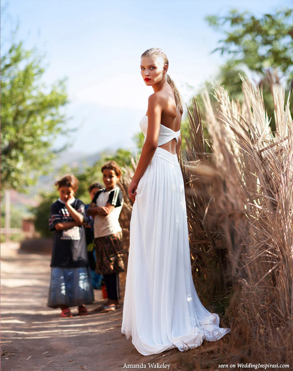 Wedding gown by Amanda Wakeley - corseted strapless superfine jersey dress with ruched silk, photo shot in Morocco