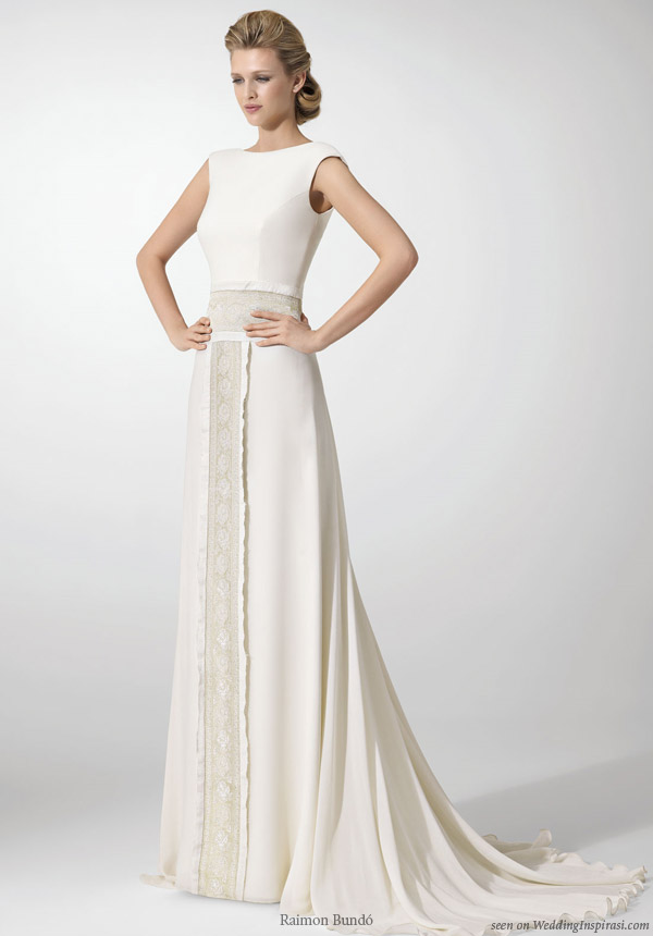 Raimon Bundo structured wedding dress with lace panel sash 