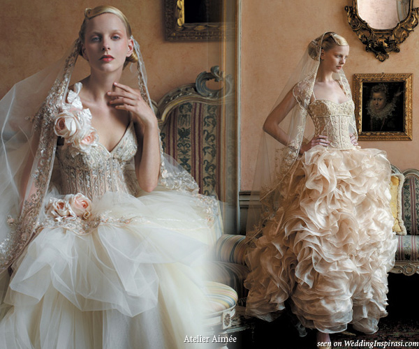 Antique lace color and off white ruffle strapless wedding dresses from Atelier Aimee