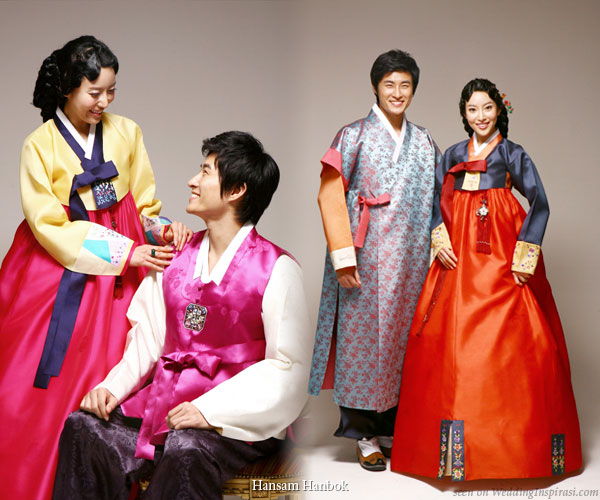 Korean wedding couples in traditional costumes called the hanbok