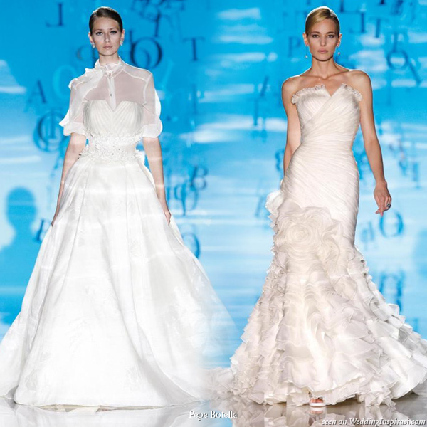 Model brides on the runway displaying two wedding dresses from Gaudi Fashion Show by Pepe Botella Novias